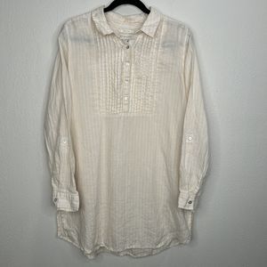 Cynthia Rowley Collared Linen Tunic Top Large Pintucked Yoke Roll Tab Sleeves